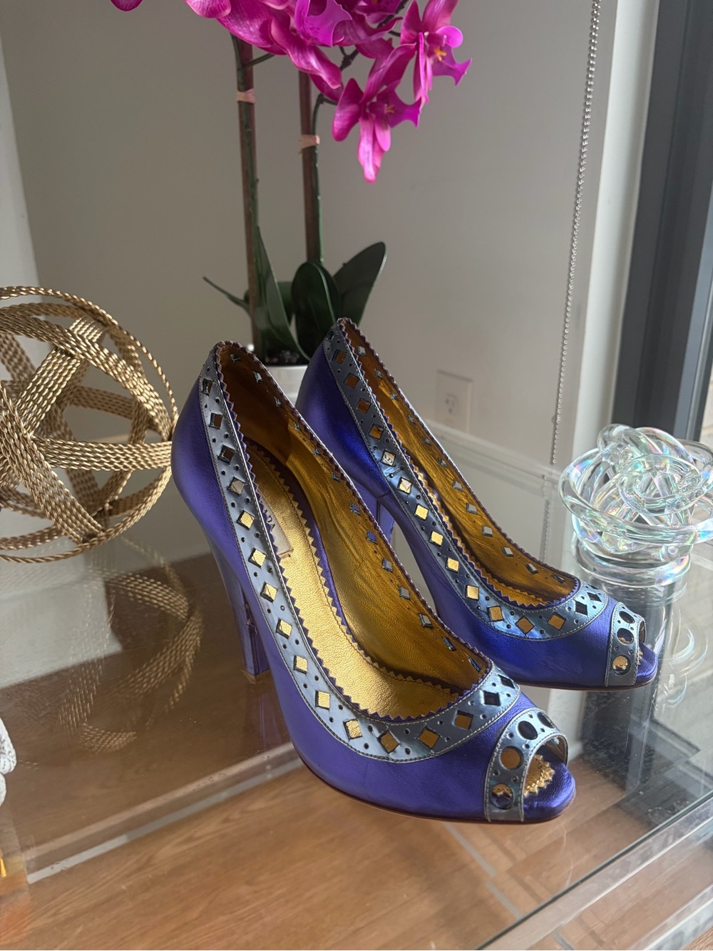 Prada Purple Satin Denim Peep-Toe Heels with Gold Interior and Metallic Cutouts
